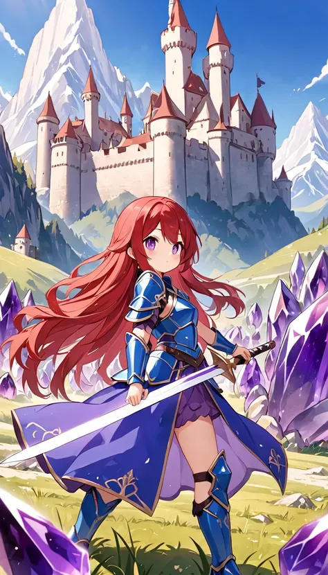 best quality, warrior 1girl, fighting stance, red hair, long hair, cute face, wearing blue armor dress, holding a huge sword, mountain, castle, giant amethyst crystals on field, daytime, clear sky,