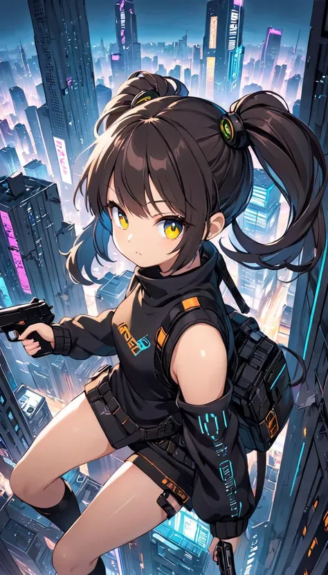 best quality, 1girl flying in sky, cute face, long twintails hair, detailed eyes, fighting stance, holding a gun, city from above, cyberpunk,