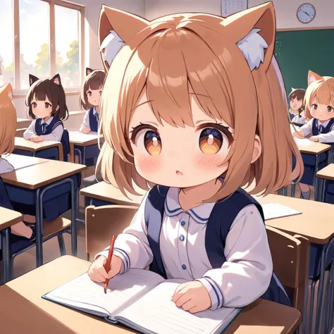 8k, ((best quality)),  (child,***********,toddler,3-years-old:1.5),fair skin, 1girl, studying at classroom, uniform, parted bangs, cat ears, finely detailed face,disgust, tears on eyes, crowded,crowded in class, in school, (wide shot)