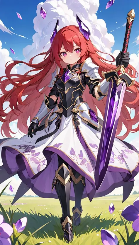 hyper quality, 1girl, cute face, red hair, long hair, detailed red eyes, armor dress, armor gloves, holding long sword with both hands, grassland with many giant amethyst, clear sky,