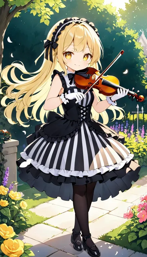 hyper quality, 1girl, full body, cute face, light smile, long hair, blonde hair, yellow eyes, sleeveless striped dress, ribbon, frilled gothic dress, legwear, friulled hairband, gloves, enjoy playing violin, garden,