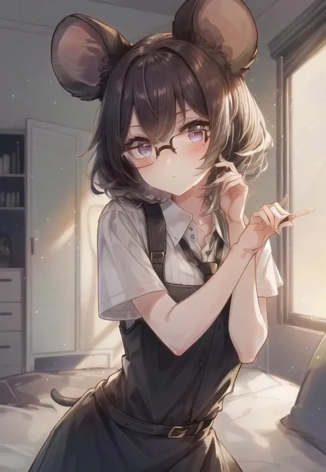 ((best quality)), ((highly detailed)), masterpiece, detailed face, beautiful face, (detailed eyes, deep eyes), (1girl), (glasses), cowboy shot, <lora:hairdetailer:.9>, <lora:aiomonstergirls_loraLocon:.7>, (mouse girl), mouse ears, mouse tail, (indoors, in a bedroom), <lora:DIno:1>