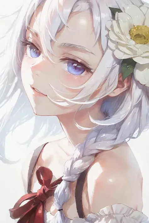 1girl,white hair,hair flower,upper body, masterpiece,best_quality, simple background, <lora:DIno-000008:1>