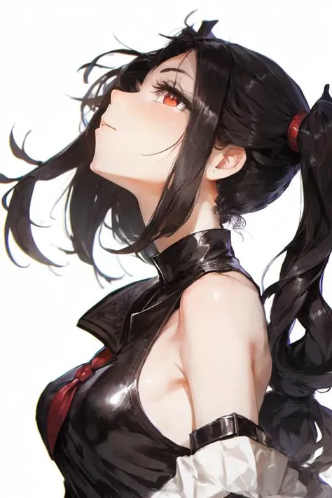 from below,1girl,black hair, twintails,upper body, masterpiece,best_quality, simple background, <lora:DIno-000008:1>