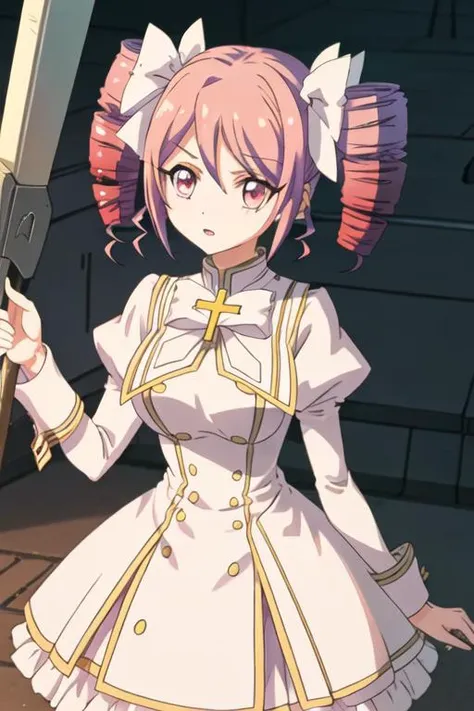 best quality, masterpiece, highres, solo, {pino_jashinchandropkick:1.15}, drill_hair, pink_hair, twin_drills, ribbon, twintails, hair_ribbon, cross, pink_eyes