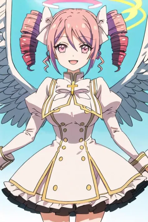 best quality, masterpiece, highres, solo, {pino_jashinchandropkick:1.15}, drill_hair, pink_hair, twin_drills, ribbon, twintails, hair_ribbon, cross, pink_eyes, 1girl, angel_wings, closed_eyes, short_hair, smile, wings, angel, halo, open_mouth