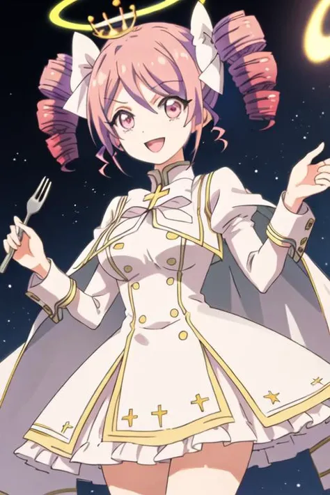 best quality, masterpiece, highres, solo, {pino_jashinchandropkick:1.15}, drill_hair, pink_hair, twin_drills, ribbon, twintails, hair_ribbon, cross, pink_eyes, cake, crown, food, fur_trim, looking_at_viewer, open_mouth, smile, 1girl, :d, cape, halo