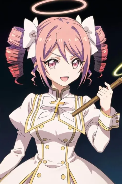 best quality, masterpiece, highres, solo, {pino_jashinchandropkick:1.15}, drill_hair, pink_hair, twin_drills, ribbon, twintails, hair_ribbon, cross, pink_eyes, 1girl, halo, holding, long_sleeves, looking_at_viewer, simple_background, smile, upper_body, white_background, shiny_hair, weapon, open_mouth, shiny