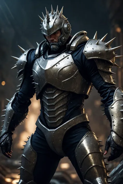 realistic, ((masterpiece)), ((best quality)), (detailed), cinematic, dynamic lighting, soft shadow, detailed background, professional photography, depth of field, intricate, detailed face, subsurface scattering, realistic hair, realistic eyes, muscular, manly, photo of a handsome asian man, spikyarmor, wearing spiky power armor, spikes, science fiction, fantasy, shiny reflective metal, dynamic pose, helmet, glowing, technology,