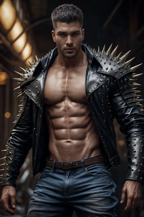 realistic, ((masterpiece)), ((best quality)), (detailed), cinematic, dynamic lighting, soft shadow, detailed background, professional photography, depth of field, intricate, detailed face, subsurface scattering, realistic hair, realistic eyes, muscular, manly, photo of a handsome asian man, spikyarmor, wearing spiky leather jacket, spikes, science fiction, fantasy, shiny reflective metal, dynamic pose, jeans,