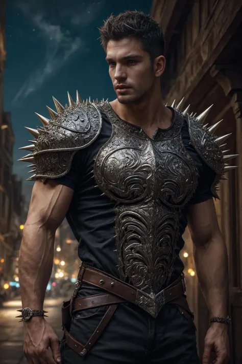 realistic, ((masterpiece)), ((best quality)), (detailed), cinematic, dynamic lighting, soft shadow, detailed background, professional photography, depth of field, intricate, detailed face, subsurface scattering, realistic hair, realistic eyes, muscular, manly, photo of a handsome latino man, spikyarmor, wearing spiky shirt, short sleeves, spikes, medieval, fantasy, shiny reflective metal, dynamic pose, medium hair, black hair, city, night sky,