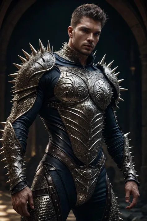 realistic, ((masterpiece)), ((best quality)), (detailed), cinematic, dynamic lighting, soft shadow, detailed background, professional photography, depth of field, intricate, detailed face, subsurface scattering, realistic hair, realistic eyes, muscular, manly, photo of a handsome man, spikyarmor, wearing spiky bodysuit, spikes, medieval, fantasy, shiny reflective metal, dynamic pose, fighting stance, black hair, (30 years old),