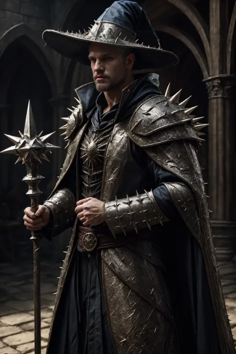 realistic, ((masterpiece)), ((best quality)), (detailed), cinematic, dynamic lighting, soft shadow, detailed background, professional photography, depth of field, intricate, detailed face, subsurface scattering, realistic hair, realistic eyes, muscular, manly, photo of a handsome man, spikyarmor, wearing spiky wizard robes, spikes, medieval, fantasy, shiny reflective metal, dynamic pose, fighting stance, holding staff, silver hair, (40 years old), beard, wizard hat, casting spell,