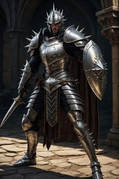 realistic, ((masterpiece)), ((best quality)), (detailed), cinematic, dynamic lighting, soft shadow, detailed background, professional photography, depth of field, intricate, detailed face, subsurface scattering, realistic hair, realistic eyes, muscular, manly, photo of a handsome man, spikyarmor, wearing spiky paladin armor, spikes, medieval, fantasy, shiny reflective metal, dynamic pose, fighting stance, holding shield, silver hair, (40 years old), beard, helmet,