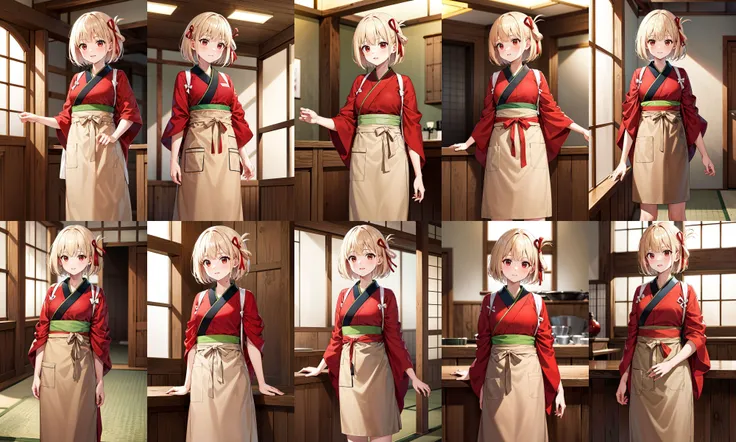 masterpiece, best quality, highres, aachisato, short hair, hair ribbon, japanese clothes, (red kimono:1.2), sash, (brown apron:1.2), <lora:nishikigi_chisato_v1:0.7>, indoors, standing, cowboy shot,