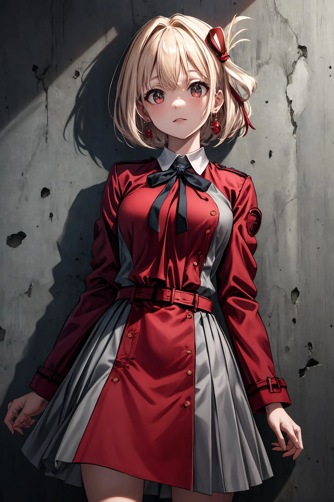 (masterpiece), best quality, (((ultra detailed, 8k quality))), expressive eyes, perfect face, perfect anatomy, perfect body, scene, <lora:scene_:0.7>, <lora:more_details:0.7>, <lora:beautiful_detailed_eyes:0.5>, (standing, leaning back to the wall), (concrete wall, punk graffiti on wall), <lora:GoodHands-beta2:0.7>,
aachisato, short hair, hair ribbon, breasts, neck ribbon, collared shirt, lycoris uniform, two-tone dress, red dress, grey dress, long sleeves, red belt, <lora:nishikigi_chisato_v1:0.7>