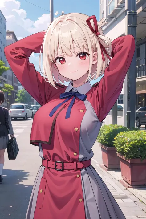 masterpiece, best quality, 
1girl, solo,
upper body,
looking at viewer,
<lora:nishikigi_chisato_v1:0.75>, nishikigi chisato,
red eyes, blonde hair, short hair, bob cut, hair ribbon,
large breasts, aachisato, lycoris uniform, neck ribbon, blue ribbon, collared shirt, two-tone dress, red dress, grey dress, long sleeves, red belt, taut clothes,
arms up ,
blush, smile, half-closed eyes ,
outdoors, city