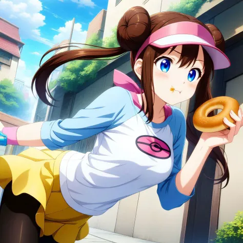 scenery, 
active,energetic,vibrant
anime,game cg,official art, 16k,8k ,4k,highres, absurdres,  detailed, 
safe, sensitive,explicit,
[ safe,sensitive,nsfw,explicit:100]
newest,recent,mid,
[newest,recent,mid,early,oldest:100]
masterpiece, best quality, great quality, good quality, normal quality, 
very aesthetic,aesthetic
happy
eating bagel,bagel,:t, 
 <lora:SDXL_LORA_CHARACTER_ROSA POKEMON_V1:0.8>rosa pokemon, brown hair, blue eyes, long hair, hair bun, double bun, twintails, bangs, sidelocks, visor cap, white shirt, light blue raglan sleeves, long sleeves, sleeves past elbows, yellow shorts, black pantyhose, pink socks, white sneakers,