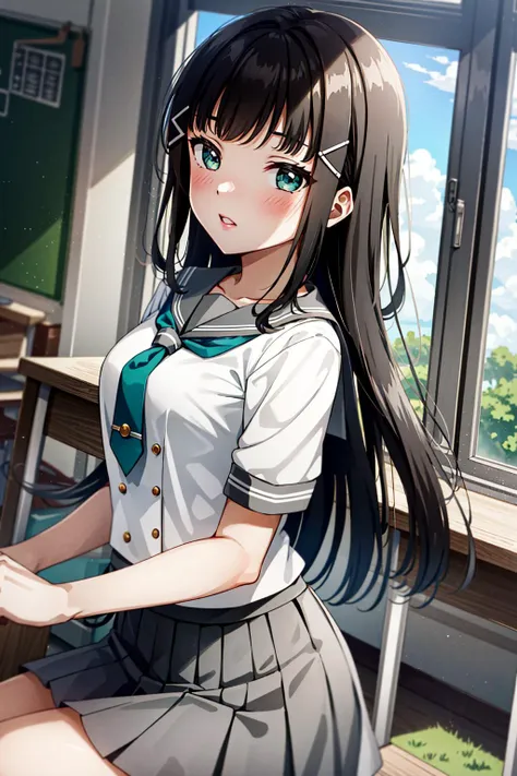 masterpiece, best quality,  1girl, kurosawa dia, long hair, medium breasts,uranohoshi school uniform, school uniform, short sleeves, pleated skirt, white serafuku, neckerchief, grey skirt, grey sailor collar, tie clip, green neckerchief,  green eyes, hair ornament, hairclip, parted lips ,  blush, classroom,