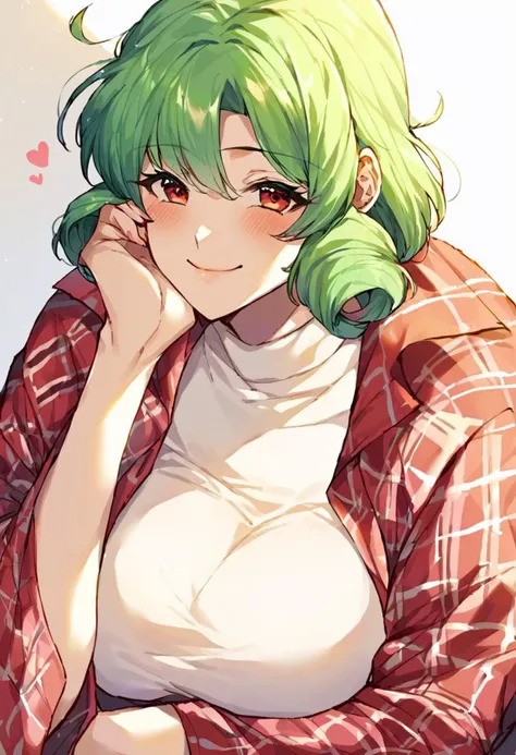 <lora:thirtyeightPony:0.72> wral artstyle, score_9, score_8_up, score_7_up, score_6_up, score_5_up, score_4_up, source_anime, rating_safe, (mature female:1.2), 1girl, solo, kazami_yuuka, short hair, white background, red checked west, open west, red checked long skirt, white open offcie shirt, green hair, red eyes, short hair, curly hair, smile, blush, breasts, looking at viewer, hair over shoulder, closed mouth, large breasts, head rest, upper body