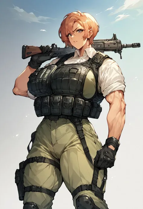 score_9, score_8_up, score_7_up, score_6_up, wral artstyle woman, big breasts, muscular, bulletproof vest, tactical clothes
