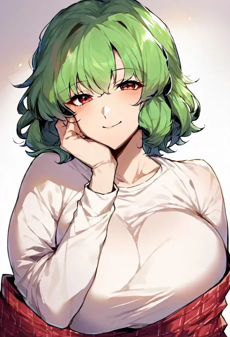 <lora:thirtyeightPony:0.72> wral artstyle, score_9, score_8_up, score_7_up, score_6_up, score_5_up, score_4_up, source_anime, rating_safe, (mature female:1.2), 1girl, solo, <lora:kazami_yuuka>, white background, smile, blush, breasts, looking at viewer, hair over shoulder, closed mouth,head rest on hand, large breasts, upper body,red eyes,green hair,office shirt,red checked west, shortl hair, curly hair,