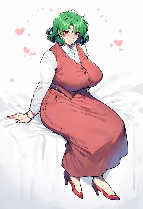 <lora:thirtyeightPony:0.72> wral artstyle, score_9, score_8_up, score_7_up, score_6_up, score_5_up, score_4_up, source_anime, rating_safe, (mature female:1.2), 1girl, solo, <lora:kazami_yuuka>, white background, smile, blush, breasts, looking at viewer, , large breasts,red eyes,green hair,office shirt,red vest, checked vest, short hair, curly hair, open vest,red skirt, checked skirt, long skirt, full body