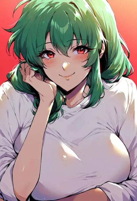 <lora:thirtyeightPony:0.72> wral artstyle, score_9, score_8_up, score_7_up, score_6_up, score_5_up, score_4_up, source_anime, rating_safe, (mature female:1.2), 1girl, solo, <lora:kazami_yuuka>, sky on background,blured background, smile, blush, breasts, looking at viewer, hair over shoulder, closed mouth,head rest on hand, large breasts, upper body,red eyes,green hair,office shirt,red checked west,