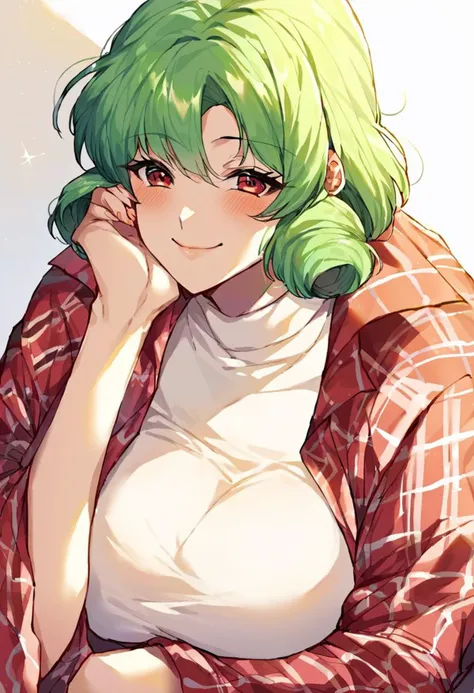 <lora:thirtyeightPony:0.72> wral artstyle, score_9, score_8_up, score_7_up, score_6_up, score_5_up, score_4_up, source_anime, rating_safe, (mature female:1.2), 1girl, solo, kazami_yuuka, short hair, white background, red checked west, open west, red checked long skirt, white open offcie shirt, green hair, red eyes, short hair, curly hair, smile, blush, breasts, looking at viewer, hair over shoulder, closed mouth, large breasts, head rest, upper body
