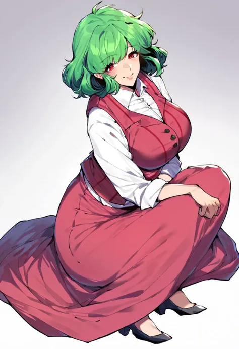 <lora:thirtyeightPony:0.72> wral artstyle, score_9, score_8_up, score_7_up, score_6_up, score_5_up, score_4_up, source_anime, (mature female:1.2), 1girl, solo, <lora:kazami_yuuka>, white background, smile, blush, breasts, looking at viewer, , large breasts, ,red eyes,green hair,office shirt,red vest, checked vest, short hair, curly hair, open vest,red skirt, checked skirt, long skirt, full body,