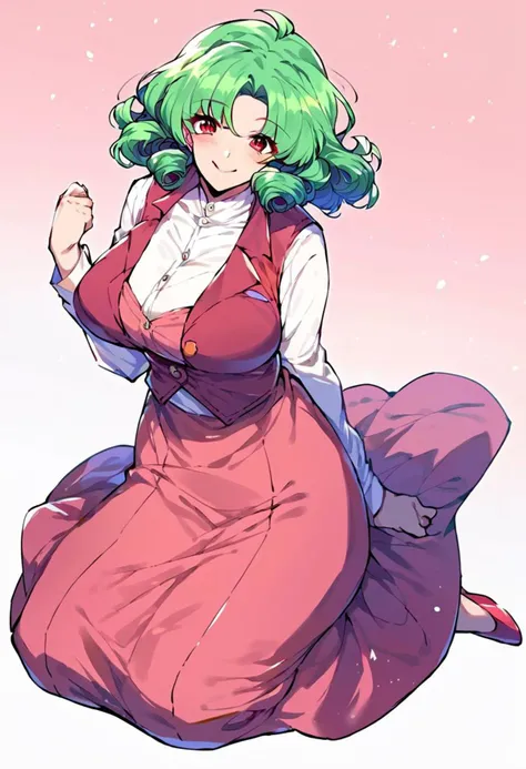 <lora:thirtyeightPony:0.72> wral artstyle, score_9, score_8_up, score_7_up, score_6_up, score_5_up, score_4_up, source_anime, rating_safe, (mature female:1.2), 1girl, solo, <lora:kazami_yuuka>, white background, smile, blush, breasts, looking at viewer, , large breasts,red eyes,green hair,office shirt,red vest, checked vest, short hair, curly hair, open vest,red skirt, checked skirt, long skirt, full body
