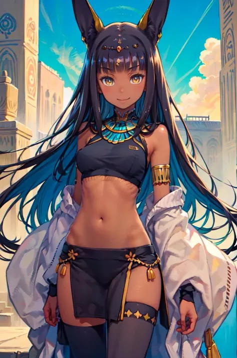smile, cowboy shot, <lora:Anubis_Citron_OC_Anime:0.8> Anubis_Citron_OC, (dark skin:1.3), black hair, yellow eyes, pelvic curtain, crop top, thighhighs,, ultra detailed, masterpiece, best quality, aesthetic, detailed,
