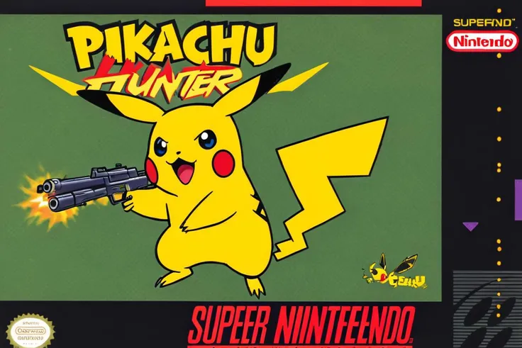"pikachu hunter", super nintendo cover, pikachu holding a gun 
<lora:style_xl.Super_Nintendo_SNES_SDXL:1>