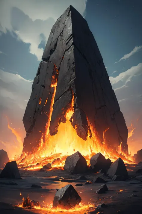 (masterpiece, best quality:1.2), no humans, black monolith engulfed in flames, star \(sky\), mystical