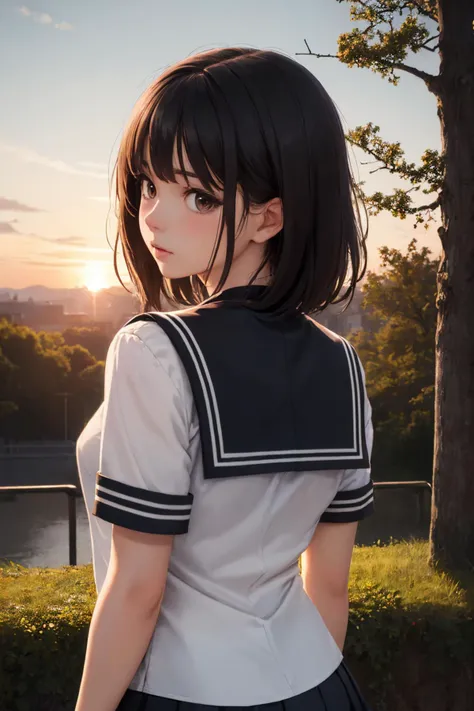 (masterpiece, best quality:1.2), from behind, upper body, solo, 1girl, looking back, medium hair, school uniform, black serafuku, sunset, trees