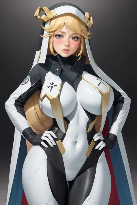 masterpiece, best quality, 1girl, solo, <lora:rapunzel-nikke-richy-v2:1> rapunzeldef, nun, bodysuit, huge breasts, blush, standing, contrapposto, hands on hips, wide hips, parted lips