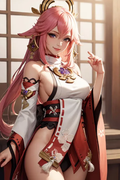 (masterpiece, best quality:1.2), solo, 1girl, yae miko, smile, looking at viewer, hair ornament, japanese clothes, sideboob, detached sleeves, wide sleeves, jewelry, earrings, bare shoulders <lora:genshinimpact_yaemiko:1>