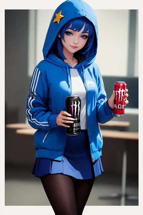 (masterpiece, best quality:1.2), solo, 1girl, smile, looking at viewer, holdingmonsterenergy, long hair, blue hair, star hair ornament, blue eyes, hooded jacket, blue skirt, pantyhose <lora:HoldingMonsterEnergy:0.5>