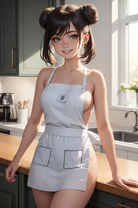 (masterpiece, best quality:1.2), solo, 1girl, freckles, smile, looking at viewer, double bun, green eyes, naked apron, kitchen