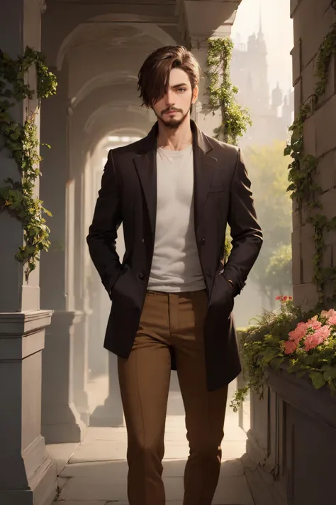 (masterpiece, best quality:1.2), pillar, vines, flowers, solo, male focus, 1boy, facial hair, expressionless, looking at viewer, brown hair, hair over one eye, open clothes, coat, brown pants