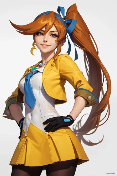 (masterpiece, best quality:1.2), solo, 1girl, athena cykes, smile, looking at viewer, hand on hip, side ponytail, hair ribbon, yellow jacket, blue necktie, single glove, yellow skirt, pantyhose, necklace, crescent earrings <lora:aa_athenacykes_v11-10:1>