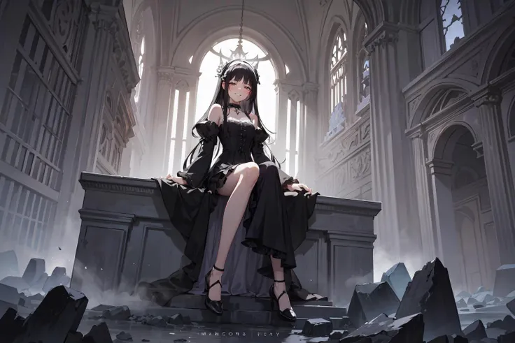 (masterpiece, best quality:1.2), an extremely delicate and beautiful, delicate, finely detailed, high definition, high detailed skin, hyper detail, hyper detailed, sharp focus, ultra highres, intricate details,
(portrait stunningly beautiful girl:0.8), delicate beautiful attractive girl,
looking at viewer, solo, body ratio, face on light, full body,
skinny, thin legs, narrow waist,
black dress, black hair, red eyes, choker, hairband, hair flower, long hair, (long skirt), frills, long sleeves,
sitting,
blush, smirk, grin, seductive, face shading, fantasy, stone, ruin, outdated, baroque, half-closed eyes, jitome, evil smile,
gothic, castle, night, (outdoors, black theme:1.2), moonlight, (scenery, landscape:1.2),