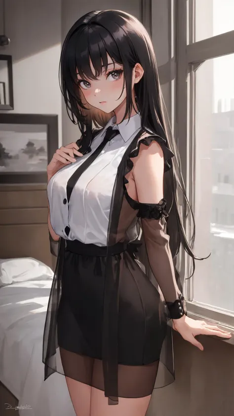 masterpiece,best quality,looking at viewer,1girl,black clothes,black hair,short clothes,see-through,