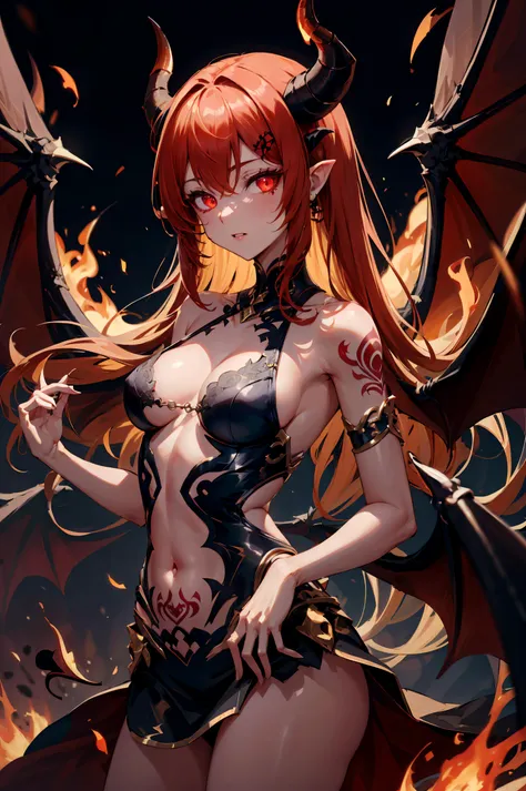 absurdres, highres, ultra detailed, 1girl, eyeliner, red glowing eyes, small breasts, sideboob, narrow waists, golden details, bare shoulders, cleavage, demon wings, horns, tattoo, detail background, FireMagicAI, detailed, intricate, <lora:ElementalMagicAIv2:0.5>,