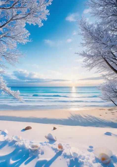 castle, flowers, delicate scene, sky,white clouds,and sunlight shine on the snow-white beach. flowers roses and shiny large shells, diamond crystal, on the beach, fantasy, sky night , moon, smoke , fire, photo, HD, 8K
