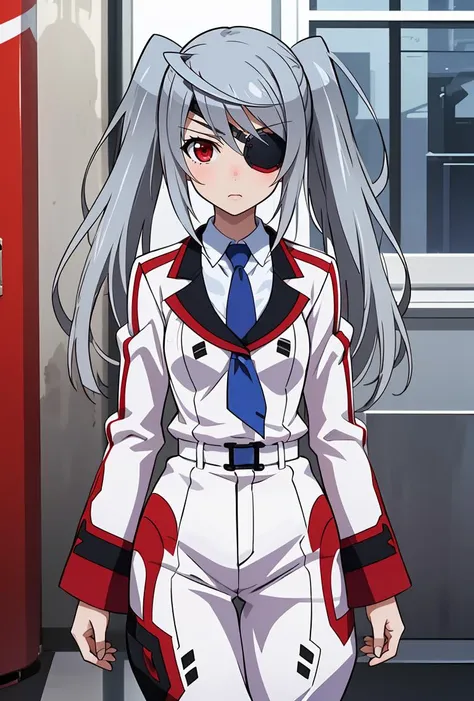 (masterpiece, best quality), 1girl, <lora:laura_bodewig_v1:0.8> aalaura, long hair, eyepatch, school uniform, necktie, collared shirt, white jacket, belt, white pants, aalaura, twintails, eyepatch, frilled bikini, black bikini, thigh holster