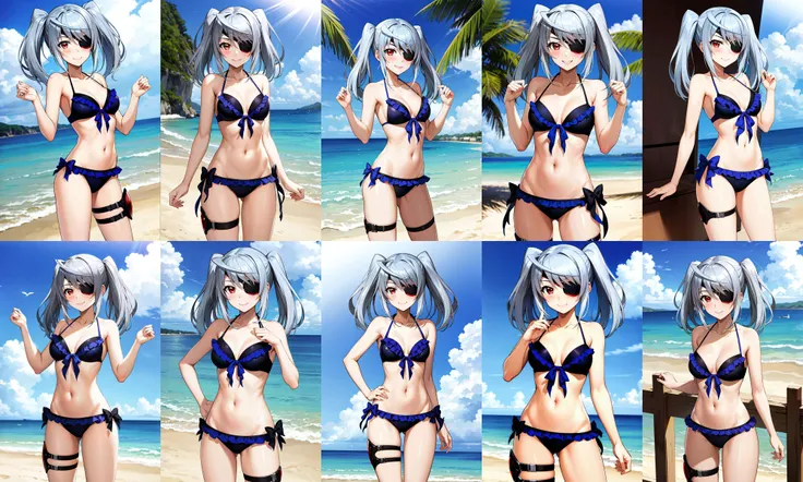 masterpiece, best quality, highres, aalaura, twintails, eyepatch, frilled bikini, black bikini, thigh holster, <lora:laura_bodewig_v1:0.7>, standing, cowboy shot, beach, smile, blush
