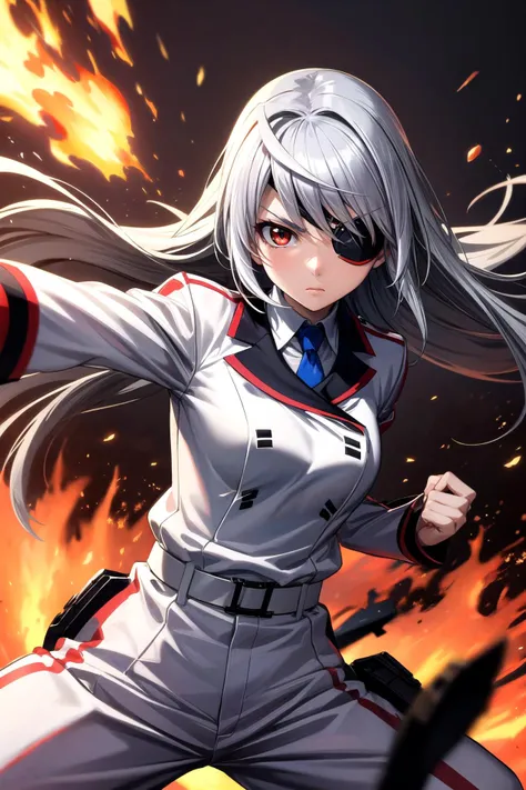 (masterpiece, best quality, detailed), 1girl, solo, looking at viewer, aalaura, long hair, eyepatch, school uniform, necktie, collared shirt, white jacket, belt, white pants,
world war ii, war, military vehicle, battlefield, battle, dust, smoke, burning, fire, red sky, explosion, fighting stance, motion blur, serious, v-shaped eyebrows,