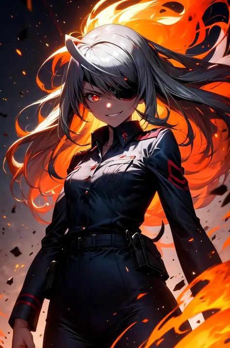 (masterpiece, best quality, detailed), 1girl, solo, looking at viewer, aalaura, long hair, eyepatch,
<lora:r1ge - AnimeRage:0.65>, glowing, flying debris, magic, aura, energy, world war ii, war, military vehicle, battlefield, battle, dust, smoke, burning, fire, red sky, explosion, contrapposto, evil smile