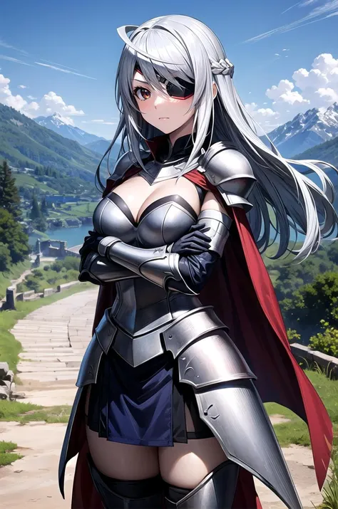 (masterpiece, best quality, detailed), 1girl, solo, looking at viewer, aalaura, long hair, eyepatch,
armor, breastplate, armored dress, cape, bodysuit, full armor, knight, gloves, pauldrons, outdoors, mountain, castle, fantasy, scenery, sky, crossed arms, breast hold, arms under breasts, closed mouth, serious